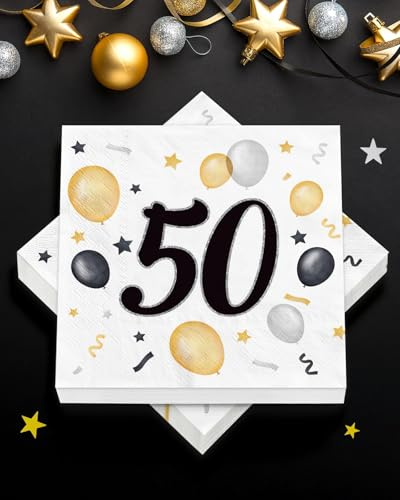 40 Stück Servietten 50. Geburtstag, Deko 50. Geburtstag Mann Frau Schwarze Gold, Tischdekoration Papierservietten, Geburtstagsdeko 50 Jahre, Geschenke zum 50