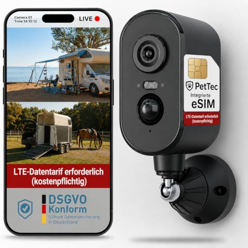 PetTec Cam Free 4G LTE Kamera ohne WLAN [LTE-Tarif kostenpflichtig] – Akku Outdoor Kamera für Stall, Pferd, Weide, Trailer & Camping, schwenkbar, Nachtsicht, Bewegungserkennung, IP65