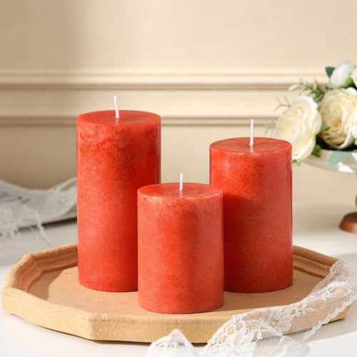 Stumpenkerzen Orange – 3 Stück Herbstkerzen, Duftneutrale Halloween Kerzen – Thanksgiving Dekoration für Zuhause, Tropffreie Kerzen orange mit langer Brenndauer (7 x 9 cm, 12,5 cm, 15 cm)