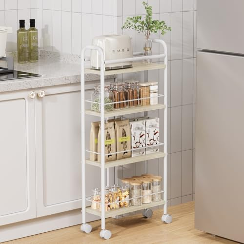 Asgolion Rollwagen 4 Ebenen, Küchenwagen schmal, Nischenregal auf Rollen | für kleine Räume, 4 Ebenen (15 x 40 x 85 cm), Küche, Bad, für Küche, Wohnzimmer, Esszimmer, Badezimmer, Eichenfarben + Weiß
