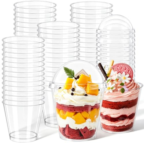 100 Stück Dessertgläser Plastik, 180ml Dessertgläser mit Deckel, Wiederverwendbar Dessertbecher Plastik, Transparenten Runden Desserttöpfe für Eis Mousse Desserts Pudding Party Geburtstag Hochzeiten