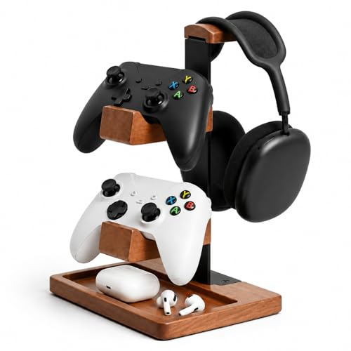 Yiomxhi Porta Cuffie Gaming e Supporto per Controller in Legno, Supporto Cuffie da Scrivania con Base di Stoccaggio, Controller Stand Organizer Accessori da Gioco