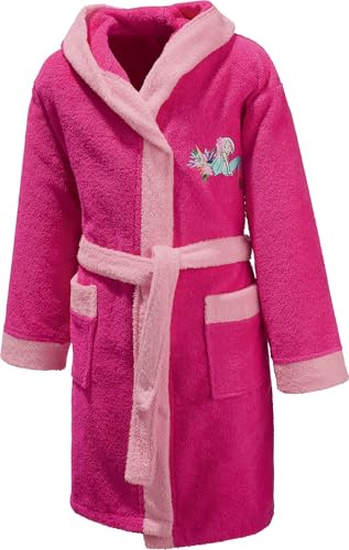 Erwin Müller Kinder-Bademantel mit Kapuze Frottier pink Größe 122/128 - weich, hautfreundlich, mit aufgesetzten Taschen, Bindegürtel, Stickerei Meerjungfrau