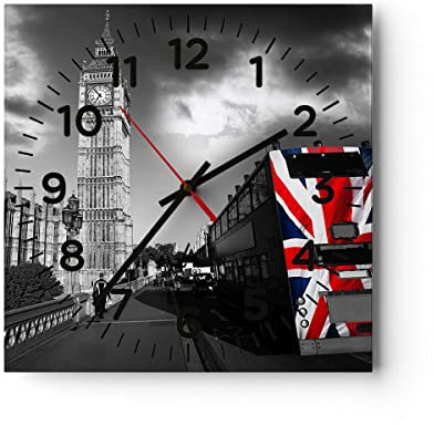 Modern Wanduhr Bus London Big Ben Gebäude 40x40cm Quadrat Groß Wand Uhr Glas Analog Zimmeruhren Küche Büro Wohnzimmer Glasuhr Wall Clock Dekoration Design Wanddekoration Küchenuhr C4AC40x40-2670