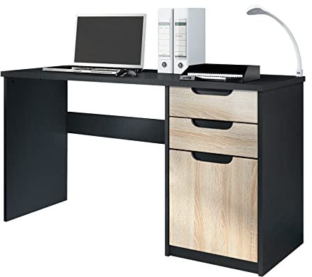 Vladon Schreibtisch Logan, Made in Germany, Bürotisch mit 2 Schubladen und 1 Tür, Schwarz matt/Eiche sägerau (129 x 76 x 60 cm)