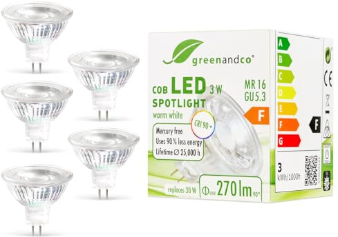 greenandco 5x MR16 GU5.3 | ersetzt 30W | warmweiß 2700K | CRI 90+ | 3W 270 lm | 38° | flimmerfrei | COB LED Spot | 12V AC/DC | nicht dimmbar
