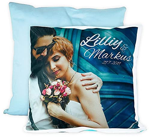 LOOXIS Personalisiertes Kissen mit Foto & Text Bedruckt, selbst gestalten – 40x40 cm, farbige Rückseite, Leinenhaptik – Geschenkidee Männer, Frauen, Jahrestag, Geburtstag, Einzug – Gletscherblau