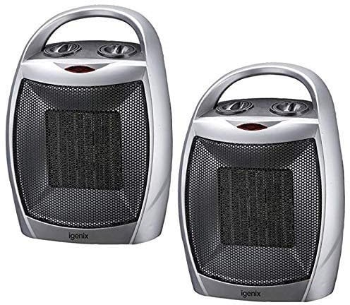 Igenix IG9030/2PACK Portable Ceramic Electric Low Energy Heater with 2 Heat Cool Fan Setting, Tip Over Safety Protection, Ideal for Small Rooms, Caravans and Garages, 1800 W, Silver, Pack of 2