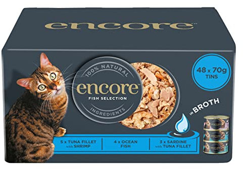Encore 100% Natural Wet Cat Food Multipack Fish Selection in Broth 4 x 12 x 70g (Total 48 Tins)