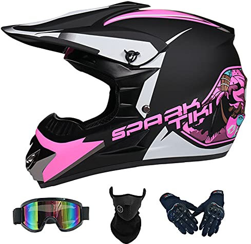 Casque Moto Cross Enfant Kit (avec Gants Lunettes Masque) Professionnel Casque VTT Integral Homologué DOT Casque de Motocross pour Jeunes et Adulte pour Enduro Quad Bike BMX Cyclomoteur - Rose, M