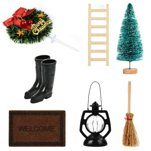 EKKONG Kit Porte Lutin de Noël,Lutin de Noël Accessoire Kit, kit de Noël Miniature, Déco de Noël avec couronnes de Noël, Sapin de Noël, escaliers, Lampe, Tapis, Balai, Bottes