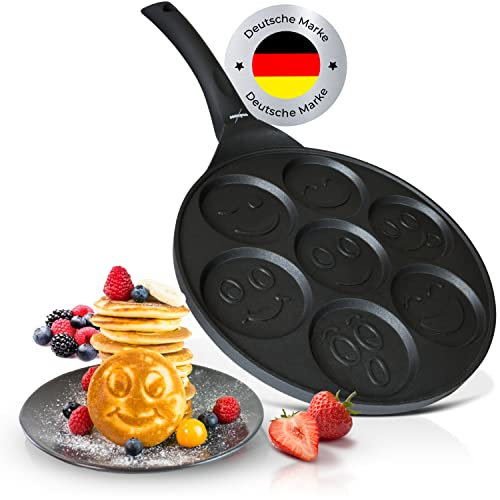 endusor Sartén tortitas y pancakes para niños con motivo smiley - Sarten 26cm con 7 hoyos y protección antiadherente - Todo tipo de cocinas e inducción - Sartén divida para panquecas tortitas