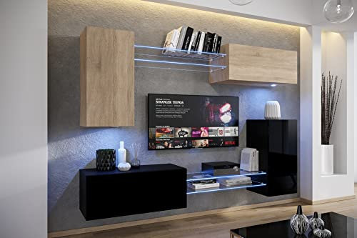 Furnitech Wohnwand Wohnzimmer | Wohnzimmer Möbel mit LED RGB - 16 Farben | Hängend Wohnwand Modern | Wohnzimmer Schrankwand mit Regale und TV Schrank (AN57N-21SB-HGM31-1B)