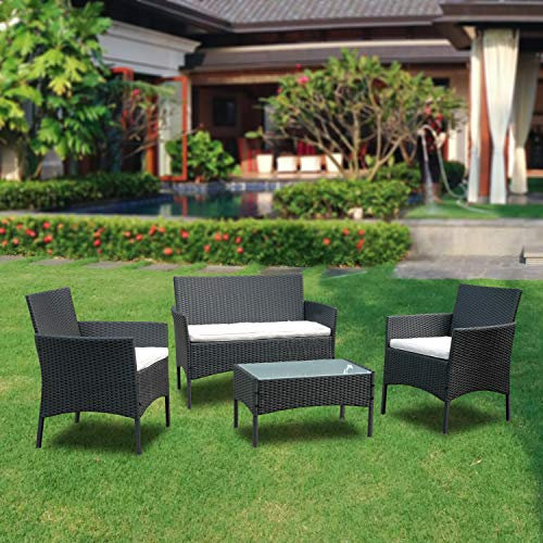 Fiqops Poly Rattan Gartenmöbel Set, Balkonmöbel, Wetterfest, mit 2-er Sofa, Singlestühle, Tisch und Sitzkissen, Sitzgruppe Lounge für Terrasse Balkon Garten, Schwarz