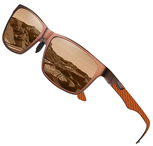 DUCO Herren Polarisierte Sonnenbrille mit Rechteckig Metallrahmen und Kohlefaser Brille Beine UV400 CAT 3 8206 (Braun Rahmen Braun Linse)