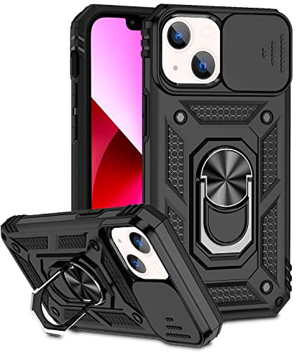ATISIJIE Handyhülle für iPhone 13 6.1 Hülle, Stoßfest Schutzhülle iPhone 13 6.1 Case Cover mit 360 Grad Metal Ring Halter Standard [Push-Window-Funktion] Schwarz