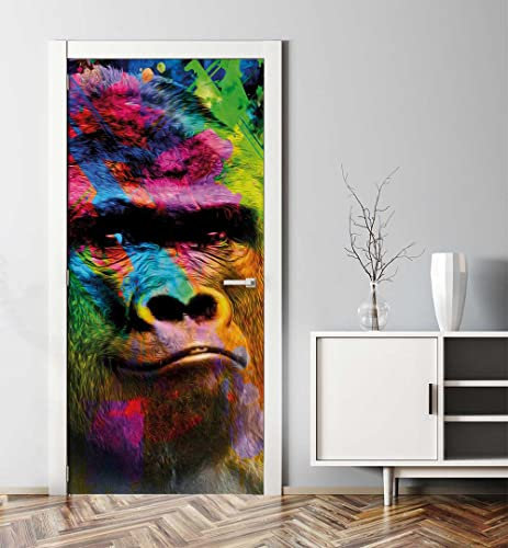 MyMaxxi - Tür bekleben mit Türtapete Türposter Türfolie Selbstklebend 90x200 Bunter Gorilla - Tür verschönern Türaufkleber Türklebefolie AFFE Dschungel Banane Mehrfarbig