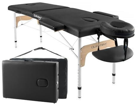 QUIRUMED Aluminium Klappbare Massageliege Easy, Schwarz, 180 x 60 cm, Kunstleder, Tragbar, Leicht, Abnehmbare Kopfstütze, Gesichtsloch, Höhenverstellbar, Bis zu 120 kg