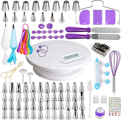 YIGeyi 137 PCS Teile-Set zum Backen, Drehbare Tortenplatte, DIY Utensilien, Dekorationssets für Kuchen, Deko, Taschen, Tüllen, Spatel und Hörner etc. (137pcs, Violett)