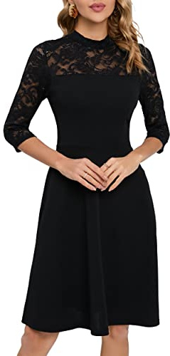 HOMEYEE Damen Elegant Spitze 3/4 Ärmel Rockabilly Kleid Retro Knielang Cocktailkleid für Hochzeit A368