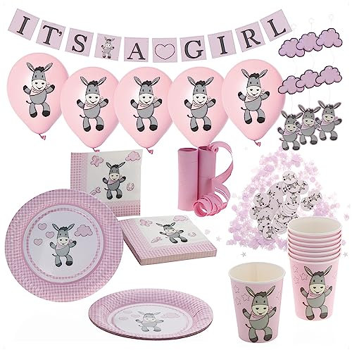 com-four® 47-teiliger Partykoffer zur Geburt eines Mädchen - Deko für eine Gender-Reveal-Party - Partyzubehörset mit Luftballons und Girlande (047-tlg. Set - rosa)