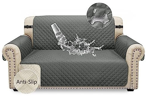 Granbest wasserdichte Sofabezug 2 Sitzer Anti-Rutsch Couchbezug mit Elastischen Riemen, Waschbare Sofaschutz für Kinder, Haustiere, Hunde, Katzen (2 Sitzer, Grau)