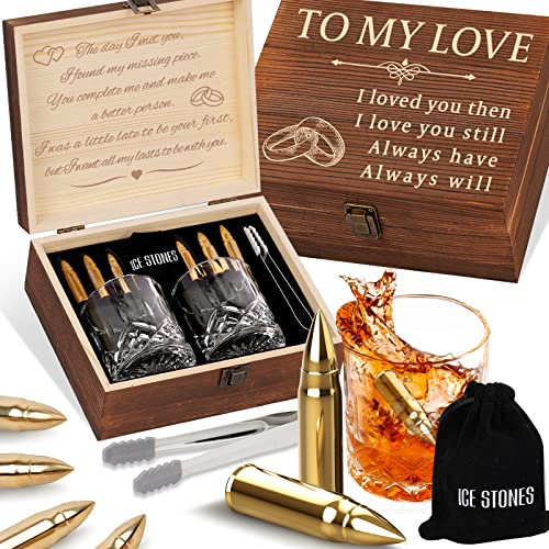 Valentines Whiskey Stones & Glasses Gift Set for Him Husband, 2 Whisky Glasses and 6 Chilling Stone Mens Valentines Day Gifts for Boyfriend, I Love You Romantic Anniversary Birthday Presents Couples