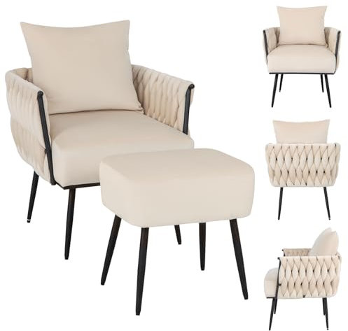 COSTWAY Ohrensessel mit Hocker, Sessel mit weichem Kissen, geflochtener Rückenlehne, Armlehnen und Metallbeinen, Lesesessel, Fernsehsessel, Relaxsessel für Wohnzimmer, Schlafzimmer, 58 cm Sitztiefe