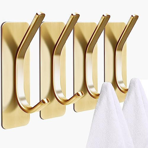 Loppdece 5 Stück Selbstklebende Haken - Handtuchhaken Ohne Bohren, Edelstahl Klebehaken Extra Stark, Wasserdicht, Gold - Wandhaken für Bad und Küche