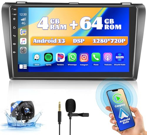 4G+64G Android Radio Coche Carplay para Mazda 3 2003-2009 Android Auto Inalámbrica 9 Pouces Pantalla Coche Autoradio 2 DIN Bluetooth GPS WiFi DSP RDS USB Cámara Trasera+CANBUS