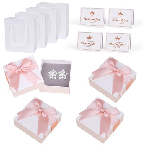 GOTFUN 4 Stück Schmuck Geschenkbox, Kleine Geschenkboxen, 7x7x3.5cm Schmuck Geschenkbox mit Deckel und Grußkarten, Kleine Geschenkbeutel Schmuckschachtel für Armband Ring Halskette Ohrring (Rosa)
