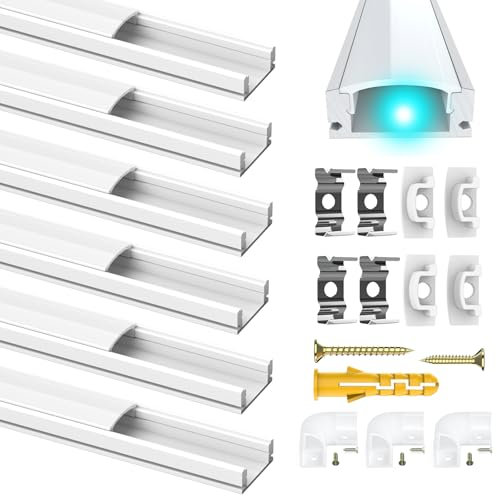 Chesbung LED Aluminium Profil Weiß, 6X1m Leisten U-Form LED-Kanäle Profil für LED-Streifen (1-12mm), mit Endkappen, Metall Befestigungs Clips und Montagematerial (6x1M-U - Weiß)