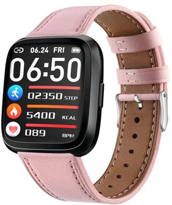 Leather Strap Compatible with Versa 2, Sport Classic Genuine Leather Replacement band with Quick Release Pin Pink Buckle for Men Women, Soft Adjustable Straps for Versa Smart Watch