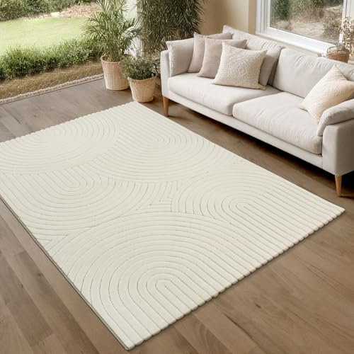 the carpet Parma Teppich Wohnzimmer, Schlafzimmer, Outdoor geeignet, waschbar, moderner Kurzflor mit Hoch-Tief-Effekt, angenehm weich, Creme, 133 x 190 cm