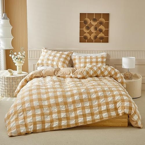 DXHOME Seersucker Bettwäsche 135x200cm Gelb Weiß Wende Bettwäsche-Set Weich Mikrofaser Atmungsaktiv Jugendliche Teenager Mädchen Bettbezug mit Reißverschluss + 1 Kissenbezug 80x80cm