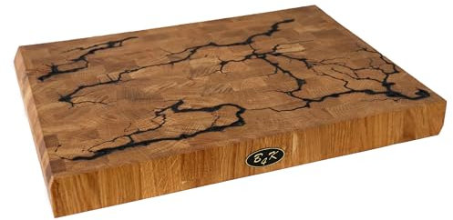 B4K® Hackblock aus Eiche 40x30x4 cm | Lichtenberg-Blitze Design | Premium Hirnholzbrett mit Griffen | Handgefertigtes Schneidebrett | Antibakteriell & Messerschonend