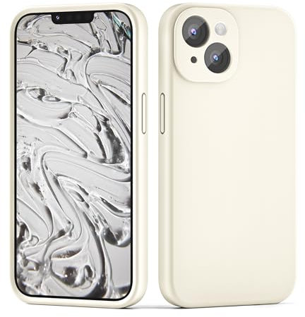 CALOOP Slim-Fit for iPhone 14 Case,Skin Soft Liquid Silicone,Sturdy Hard Frame Shockproof Cover with Anti-Scratch Microfiber Lining,Full Protection for Screen and Lens,6.1 inch,Off-white