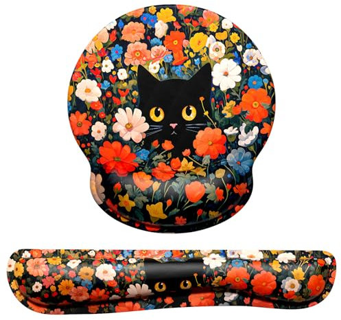 Dapesuom Keyboard Wrist Rest and Mouse Pad with Wrist Support, Cute Memory Foam Cushion for Keyboard and Mouse Set, Desktop Pad Rests with Non Slip Base for Easy Typing & Pain Relief, Cat Flower Bush