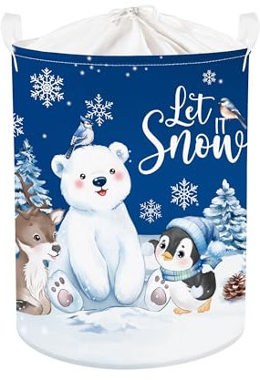 Clastyle Winter Kinder Wäschekorb mit Henkel Schneeflocke Kleidung Spielzeug Aufbewahrungskorb Jungen Mädchen Aufbewahrungsbox für Babyzimmer Bad,Wintertier,36 * 45 cm