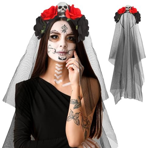 XIMEY Halloween Schleier, Schleier Halloween, Halloween Tag der Toten Haarreif, Halloween Tag der Toten Haarreif, Rosen Brautschleier schwarz, Halloween Haarreifen, Gothic Accessoires