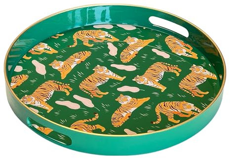 Simmer Stone Bandeja decorativa redonda, plástico marmoleado con asas, tocador moderno y servir para otomana, mesa de café, cocina y baño, tamaño 13 pulgadas (verde tigre)