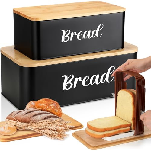 Teenyyou 2 Pcs Extra Large Bread Box with Bread Slicer and Bamboo Cutting Board Lid Farmhouse Large Capacity Metal Multi-size Bread Box Set Bread Cake Slicing Guide for Kitchen Countertop (Black)