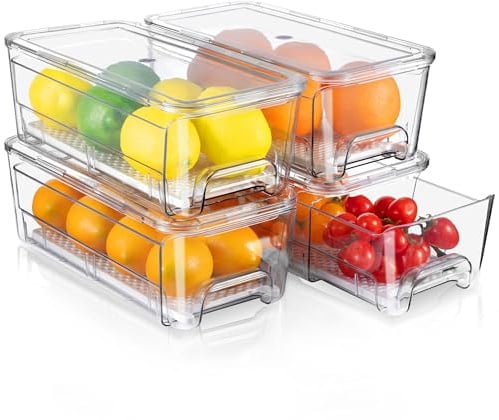 MIUKAA Kühlschrank Organizer Schublade, 4 Stück Doppelschichtige Stapelbar, Aufbewahrungsbox Kücheorganizer, Speisekammer Vorratsbehälter Durchsichtig Behälter für Kühlschrank, Küchen, Schränke