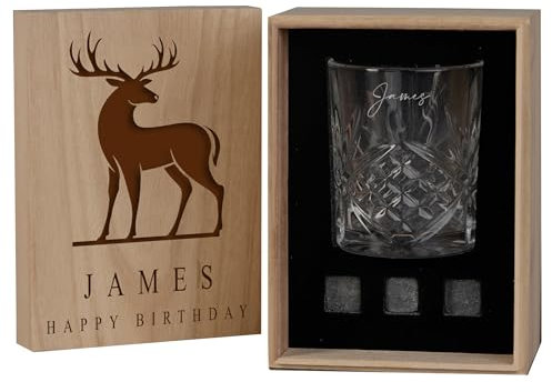 Personalised Whisky Gift Set with Engraved Wooden Box, 3 Whisky Stones, Tumbler Glass, Stag Design