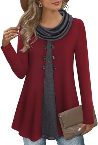 GUUKA Women Casual Long Sleeve 2 in 1 Jumpers Sweatshirt Ladies Cowl Neck Fall Pullover Winter Sweaters Tunic Tops with Buttons for UK(Wine Red,L)