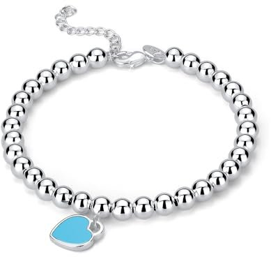 IMINI Enamel Heart Dangle Bracelets for Women Girls Silvery Ball Beaded Charm Heart Love Bracelet Minimalist Beaded Adjustable Chain Bracelet Jewelry Gifts (Blue)