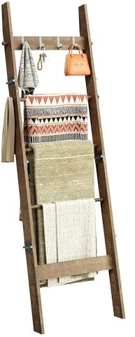 HonyQiShuo Blanket Ladder for Living Room and Bedroom, 5-Tier Ladder Shelf, Blanket Ladder Shelf for Living Room, Rustic Decorative Ladder with 4 Removable Hooks, Bamboo Decor Ladder Shelf, Brown