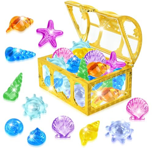 Set Juguete de Gema, Cofre Tesoro Piscina, 36 Piedras Preciosas de Buceo con 1 Cofre Pirata Niños, Bucear Coloridos Gema Juguetes para Fiestas en Piscina, Juegos de Playa, Búsquedas del Tesoro (B)