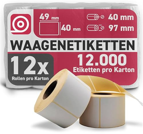 Gebongt24 Waagenetiketten 49 x 40 mm 12 Rollen 12000 rechteckige Einzeletiketten selbstklebend, BPA-frei & stark haftend - Ø 97 mm - kompatibel mit Avery Berkel Waagen & weitere Systeme