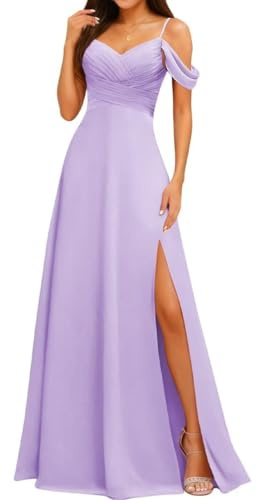 Vestidos de dama de honor con hombros descubiertos para boda, tirantes delgados, gasa, formal, fiesta de noche, maxivestido con abertura AH166, Lila, 40